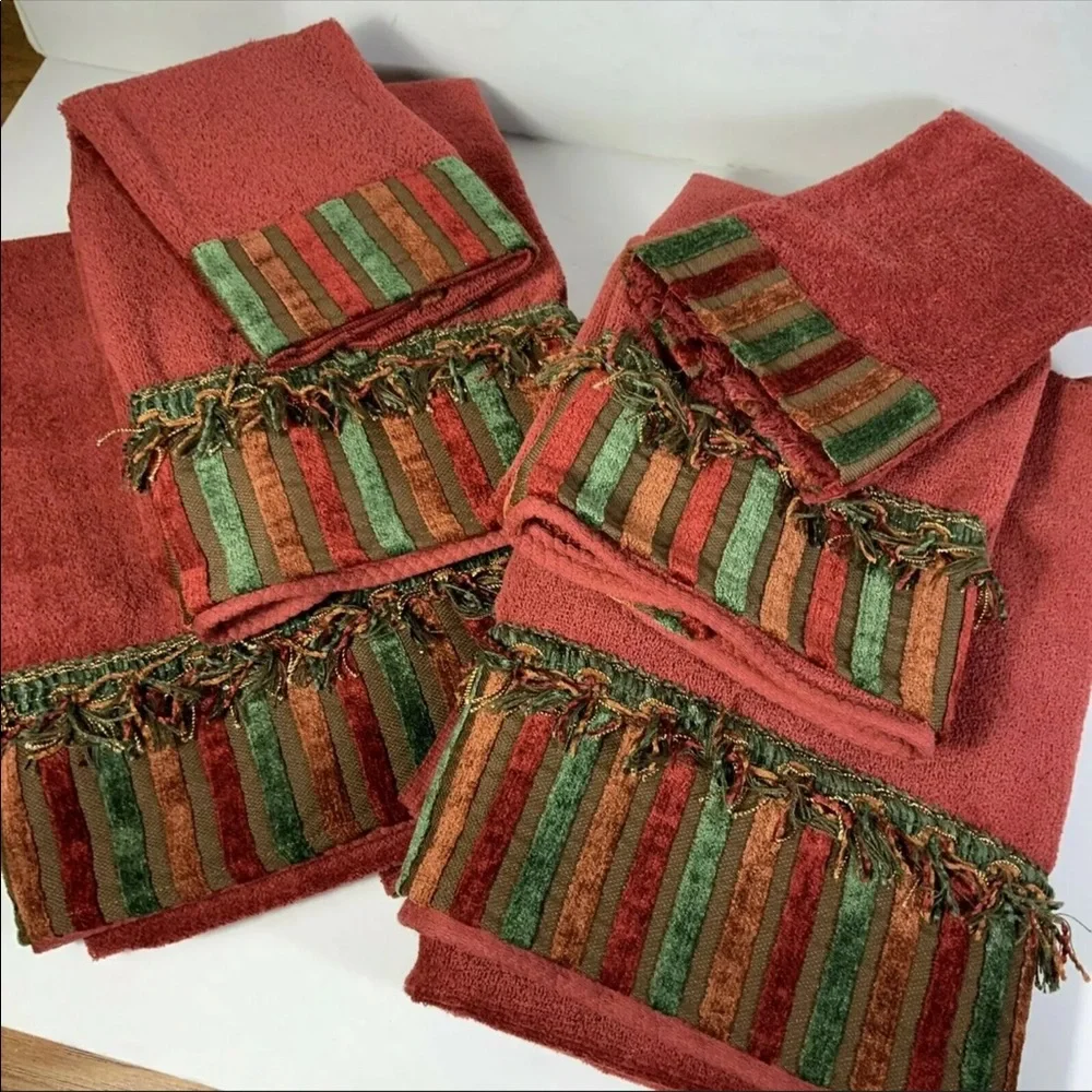 Avanti Linens Vintage 2 Bath 2 Hand 2 Face Towels Embellished Fringe Stripe #G6